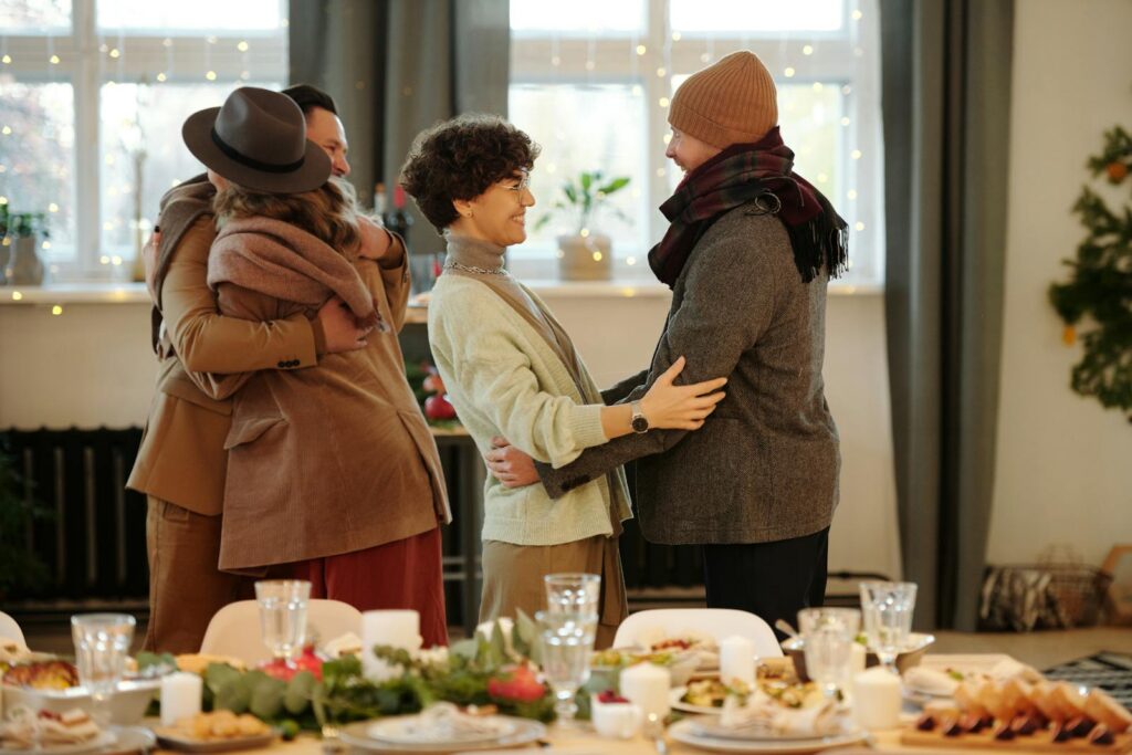 Celebrate family togetherness during festive holidays with joyful hugs and laughter at home.